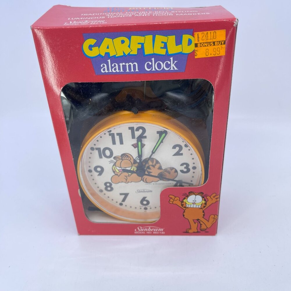 vintage garfield alarm clock double bell key wind luminous hands by sunbeam 1978